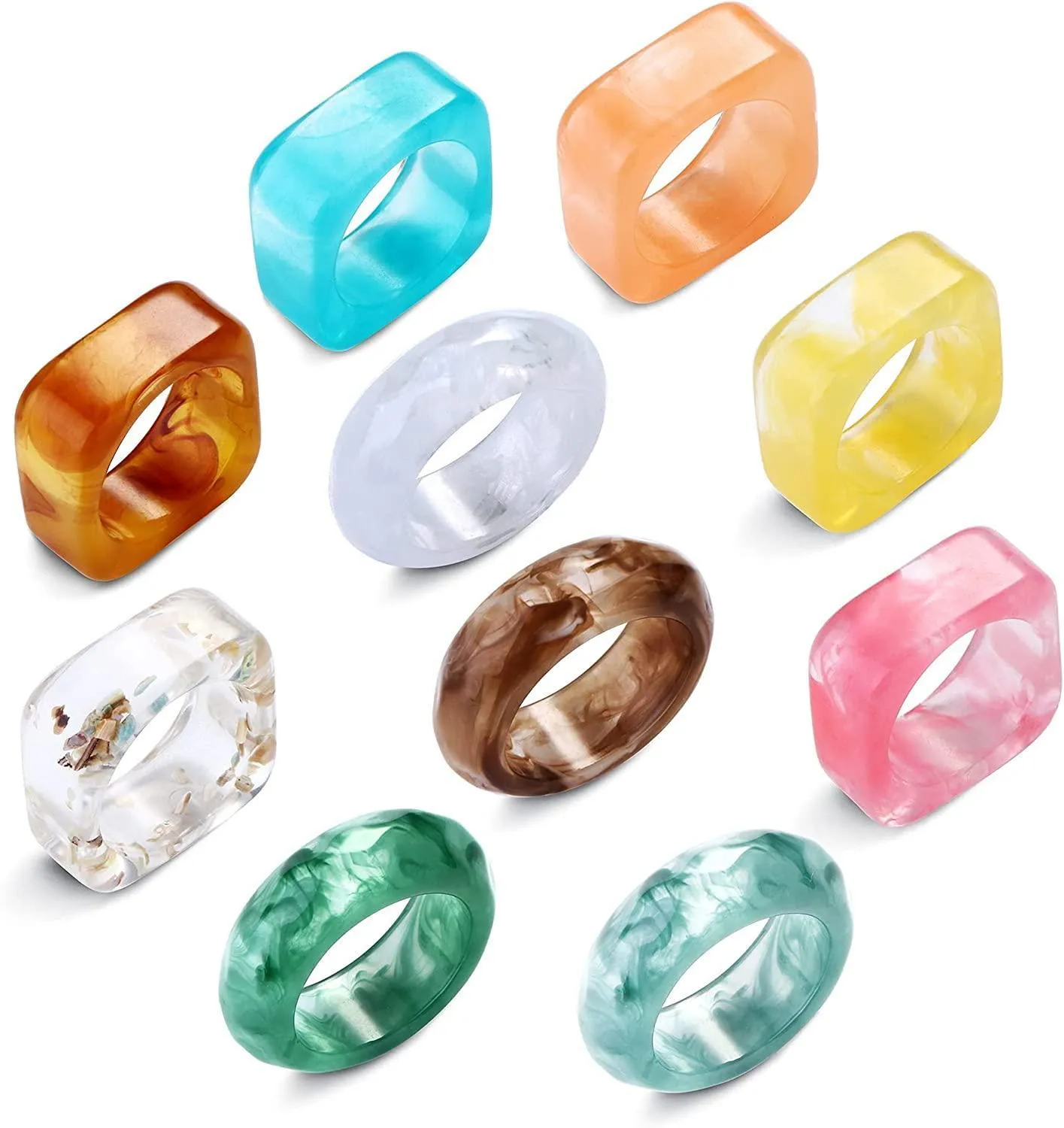 10PCS Resin Acrylic Rings for Women Cute Colorful Fruit Square Round Band Dome Rings Chunky Plastic Rings