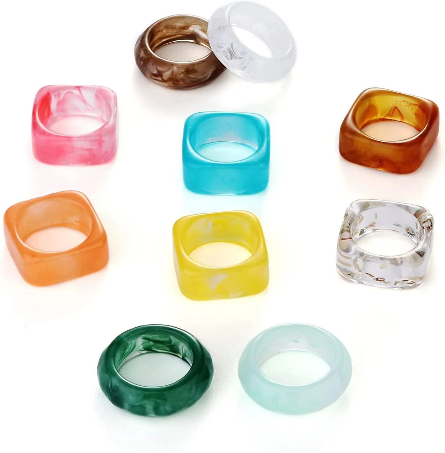 10PCS Resin Acrylic Rings for Women Cute Colorful Fruit Square Round Band Dome Rings Chunky Plastic Rings