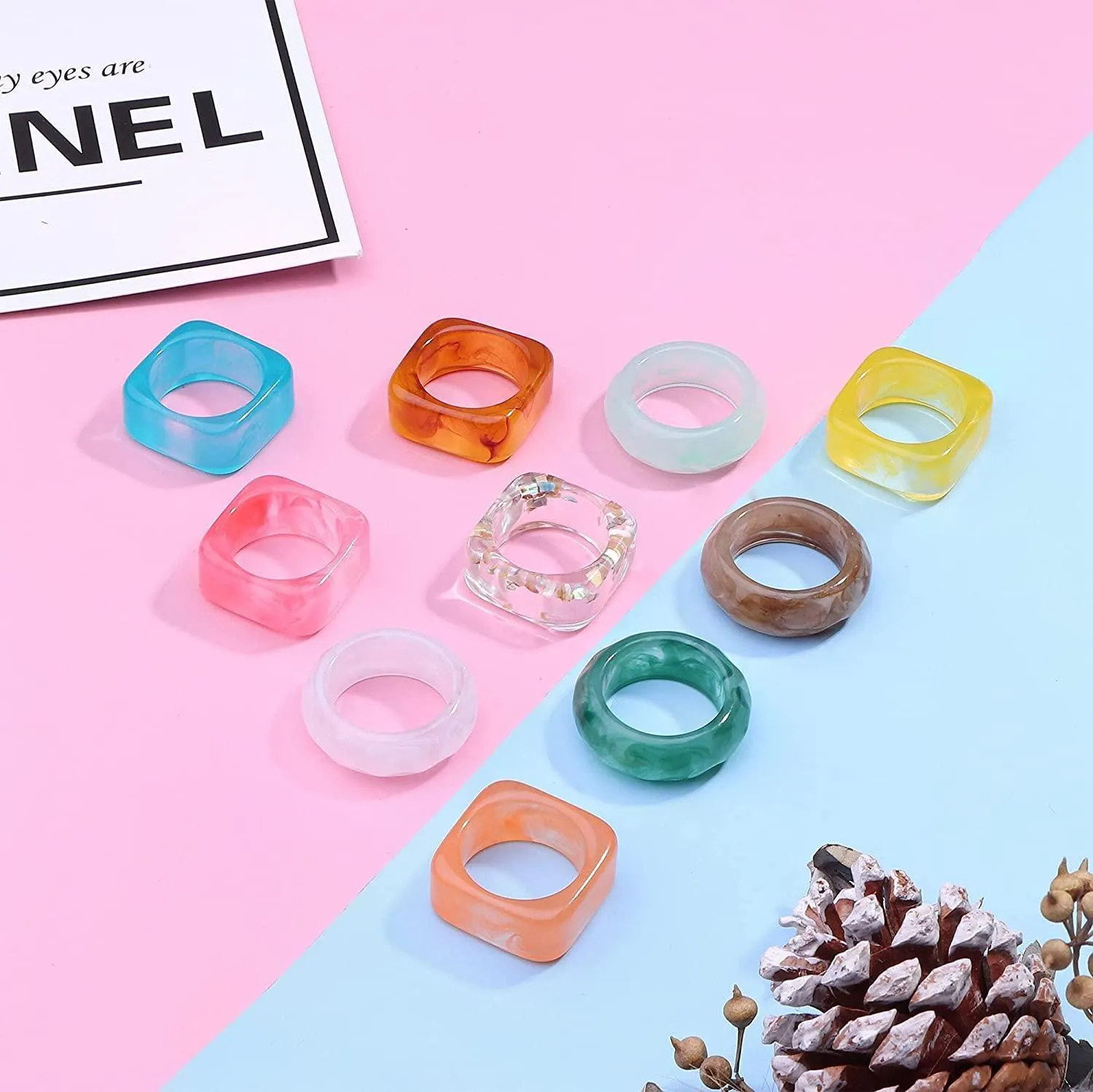 10PCS Resin Acrylic Rings for Women Cute Colorful Fruit Square Round Band Dome Rings Chunky Plastic Rings