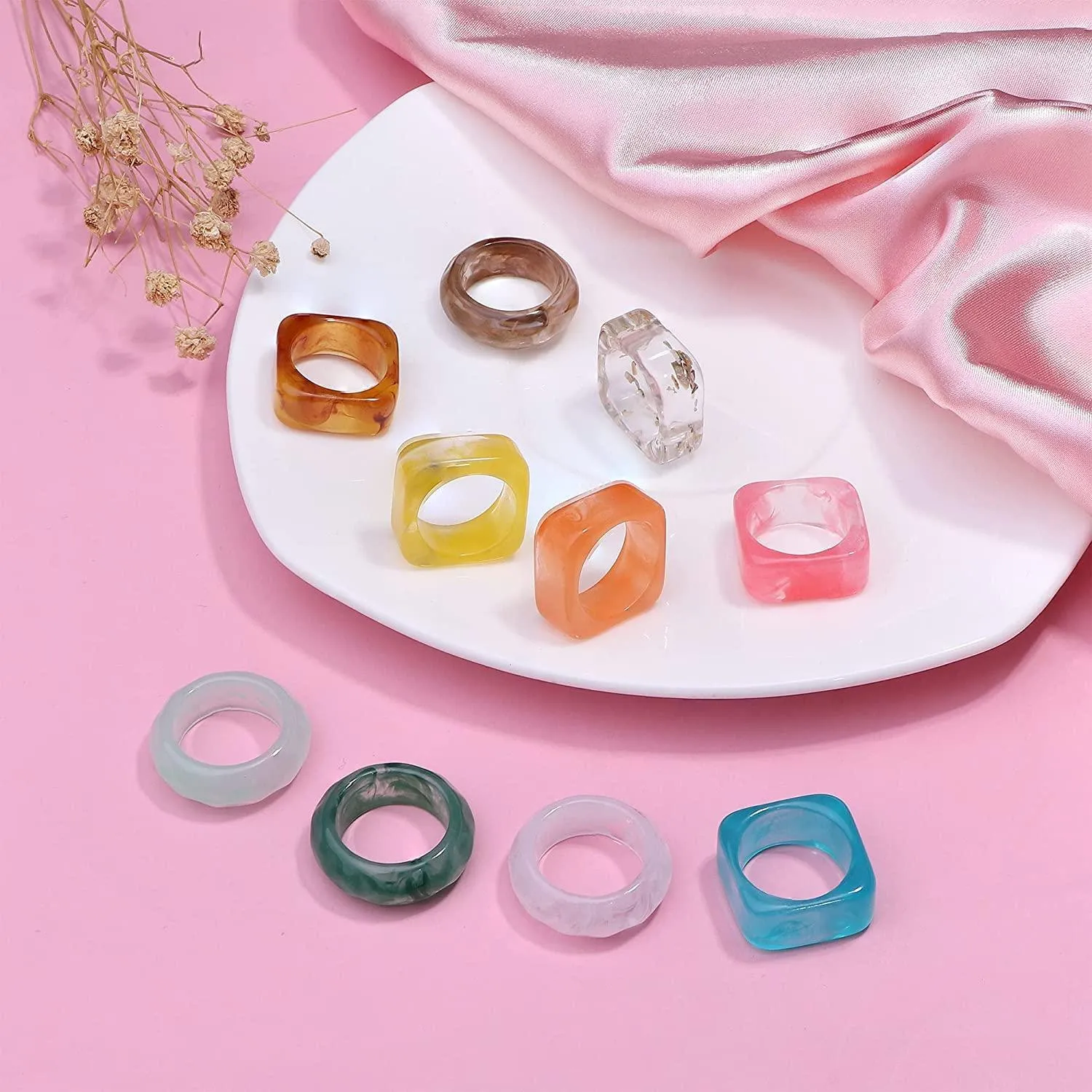 10PCS Resin Acrylic Rings for Women Cute Colorful Fruit Square Round Band Dome Rings Chunky Plastic Rings