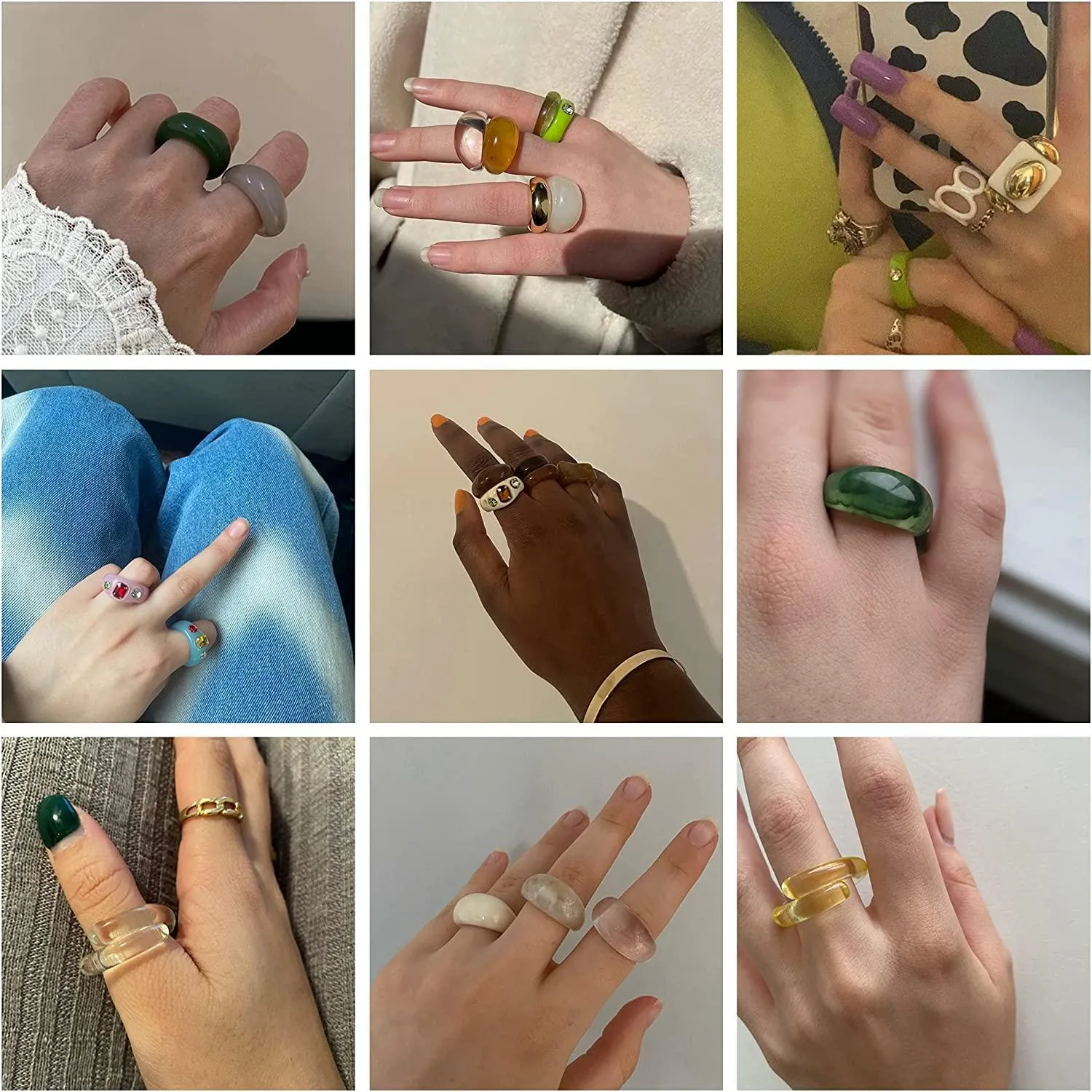 10PCS Resin Acrylic Rings for Women Cute Colorful Fruit Square Round Band Dome Rings Chunky Plastic Rings