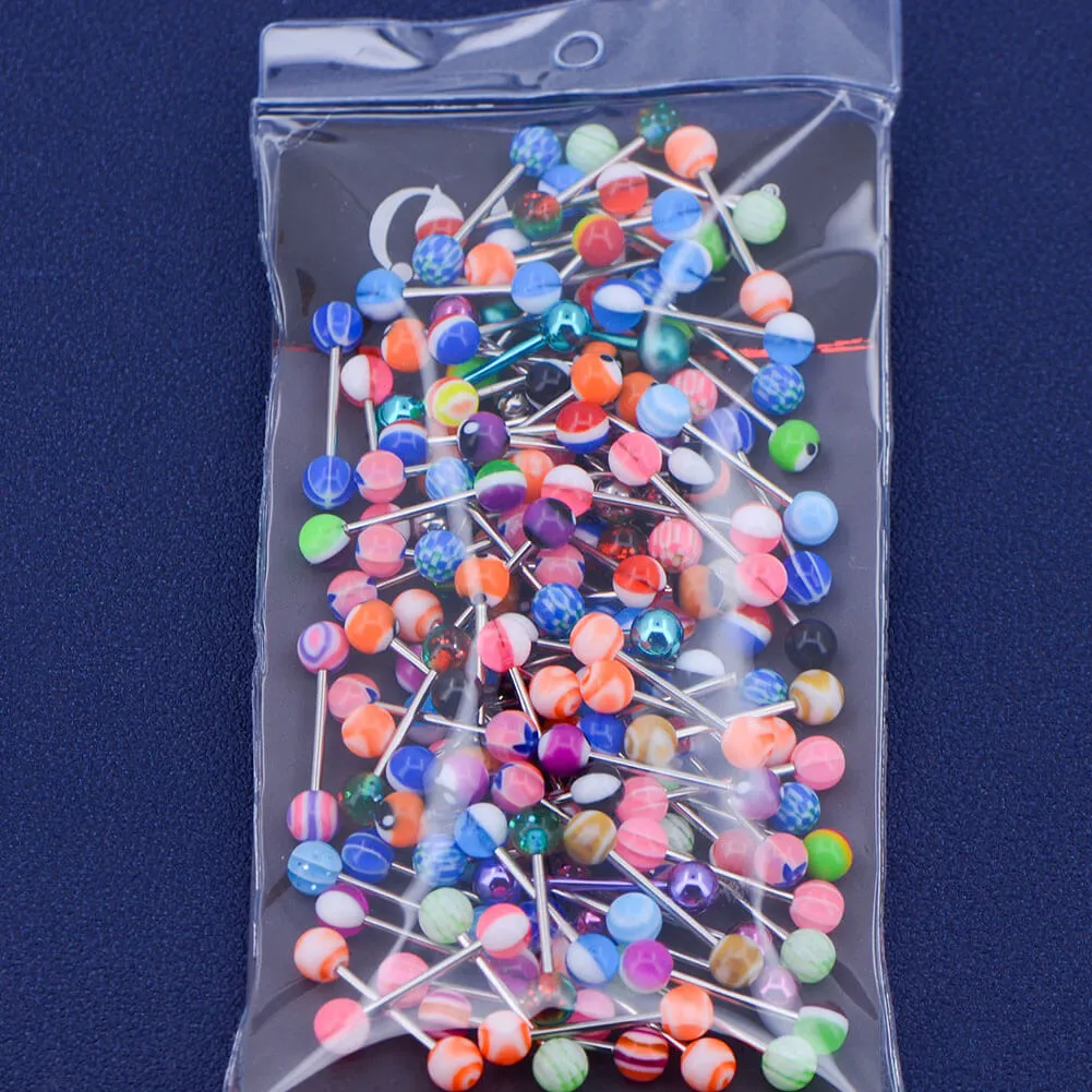 14G 100PCS Tongue Ring Ball Colorful Acrylic Tongue Barbells(Random Colors)