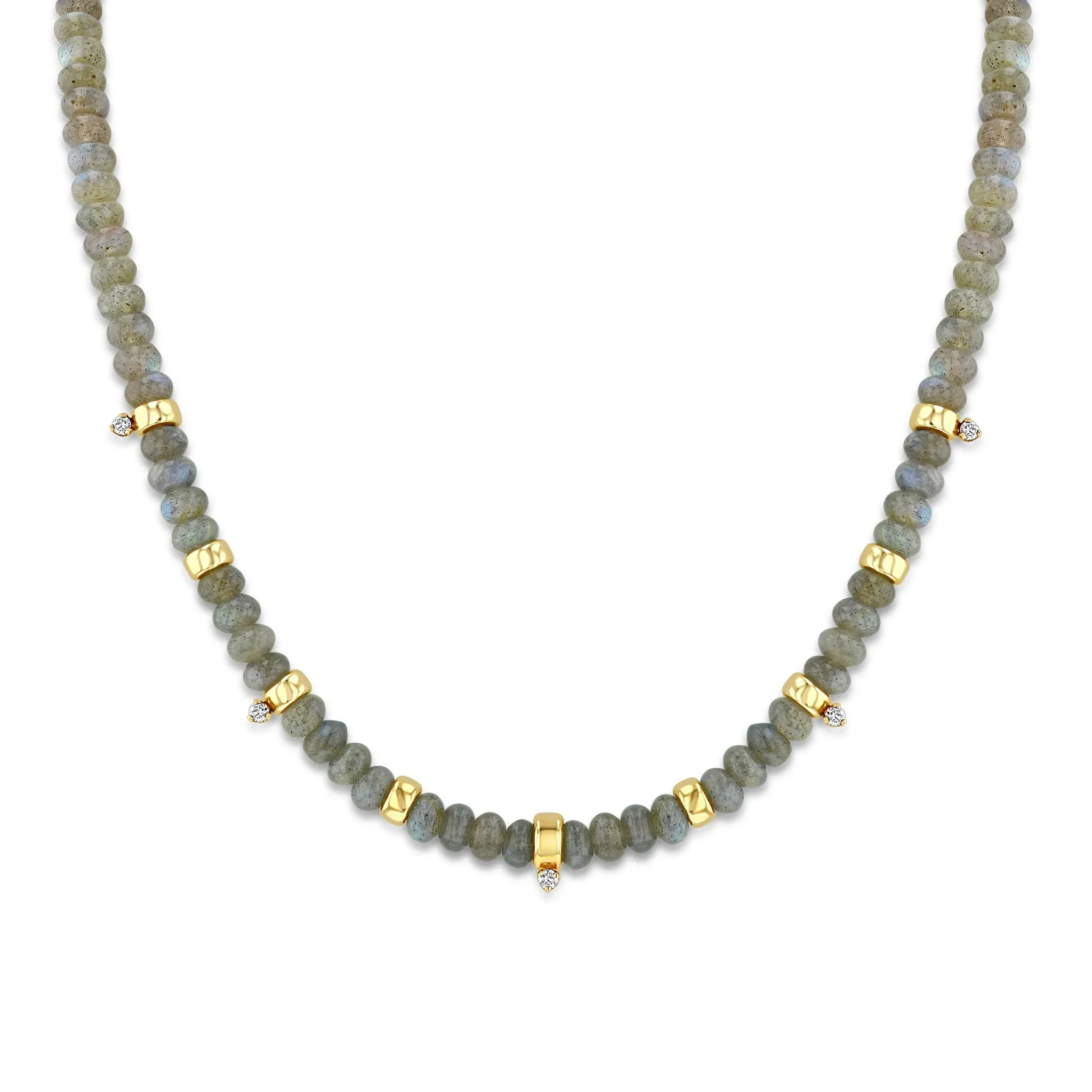 14k Gold & Labradorite Rondelle Bead Necklace with 5 Prong Diamonds