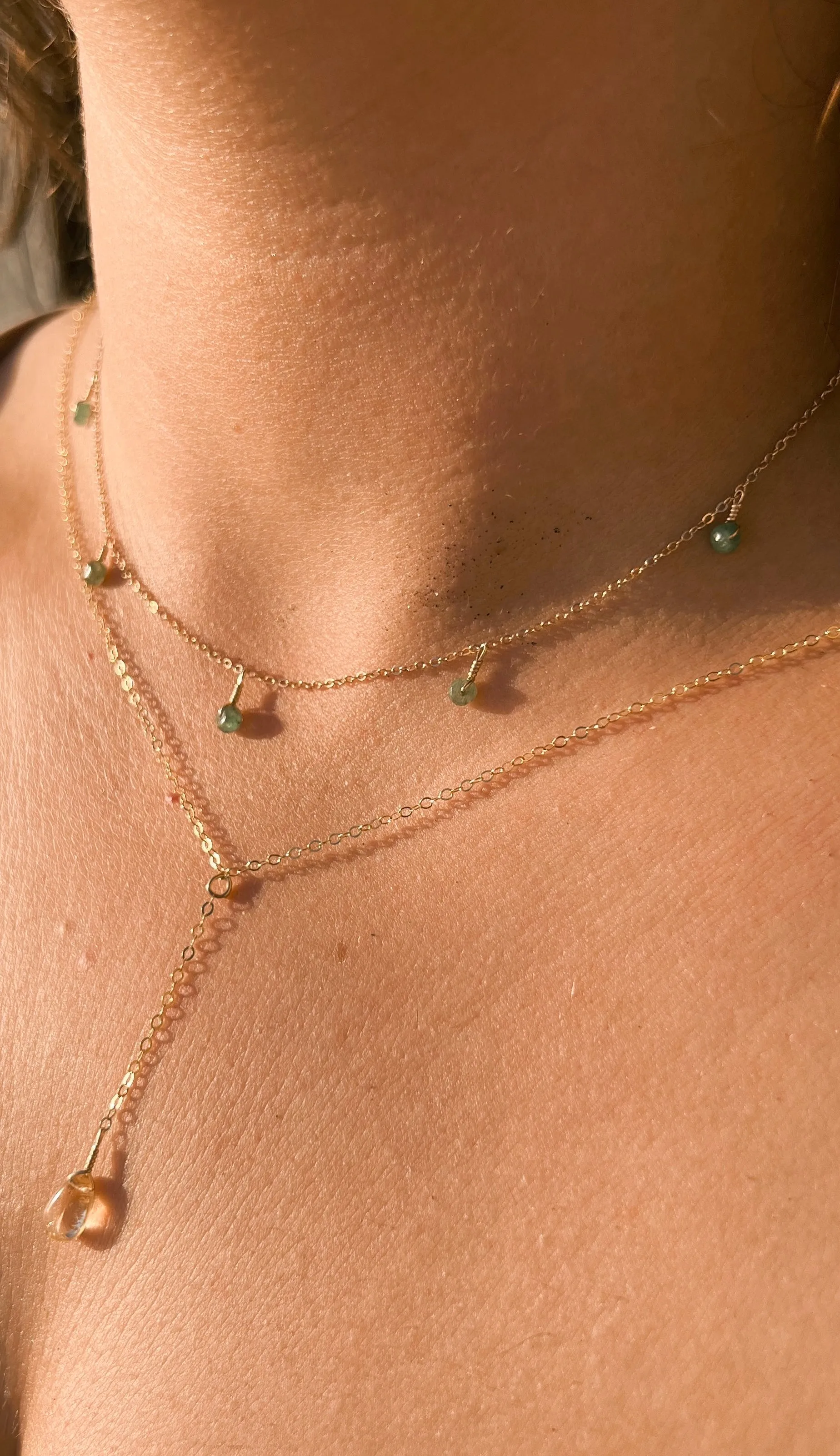 14k Gold Filled Citrine Lariat Necklace and Emerald Statement Necklace Layered Set