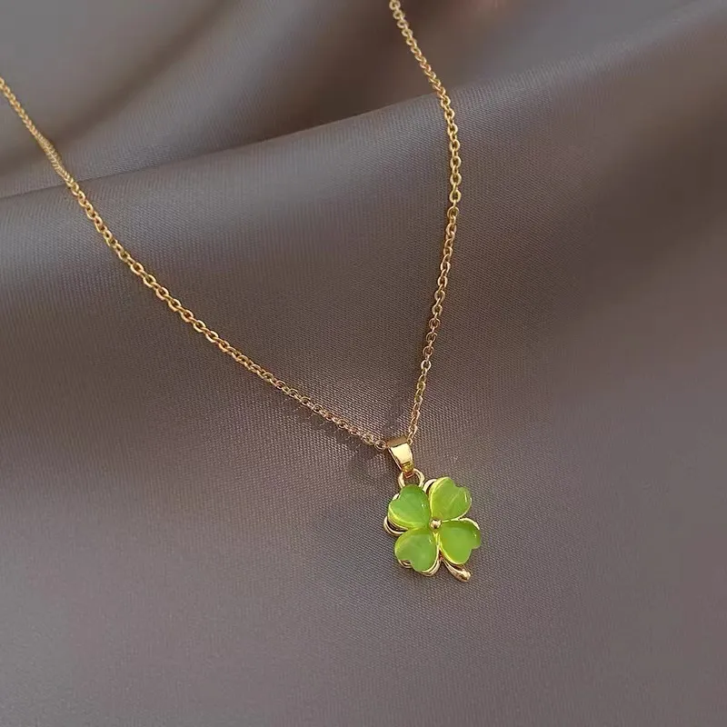 14K Gold-Plated Elegant Rotating Green Opal Flower Necklaces