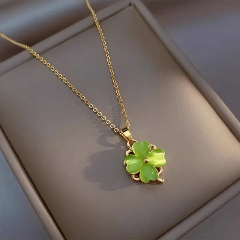 14K Gold-Plated Elegant Rotating Green Opal Flower Necklaces