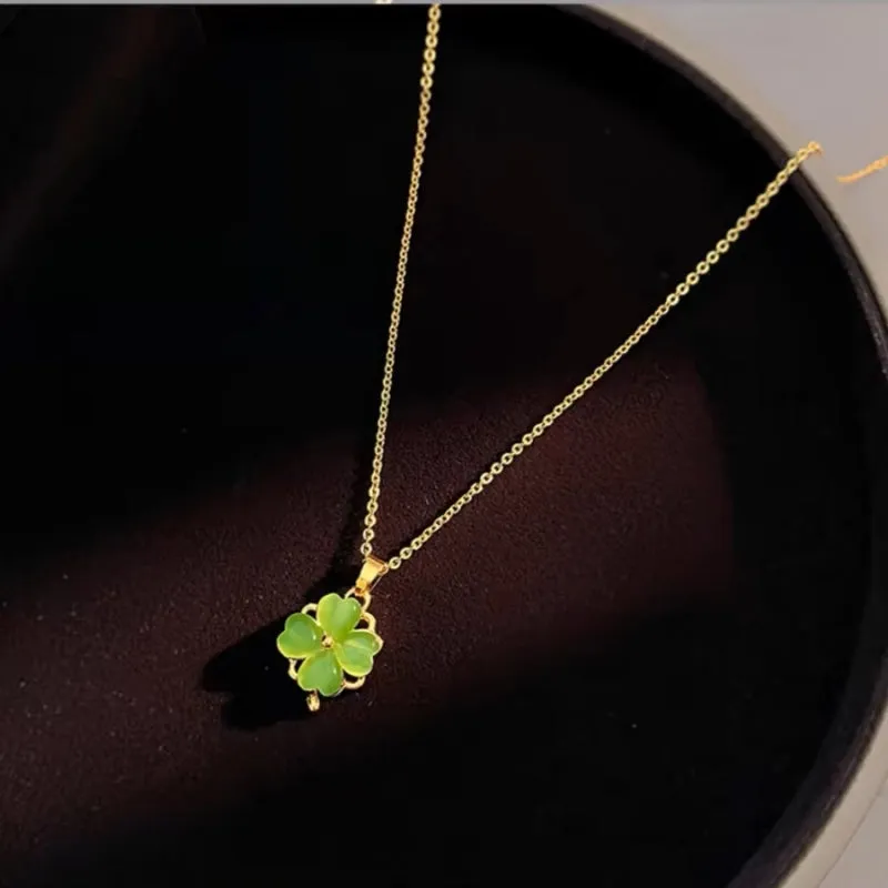 14K Gold-Plated Elegant Rotating Green Opal Flower Necklaces