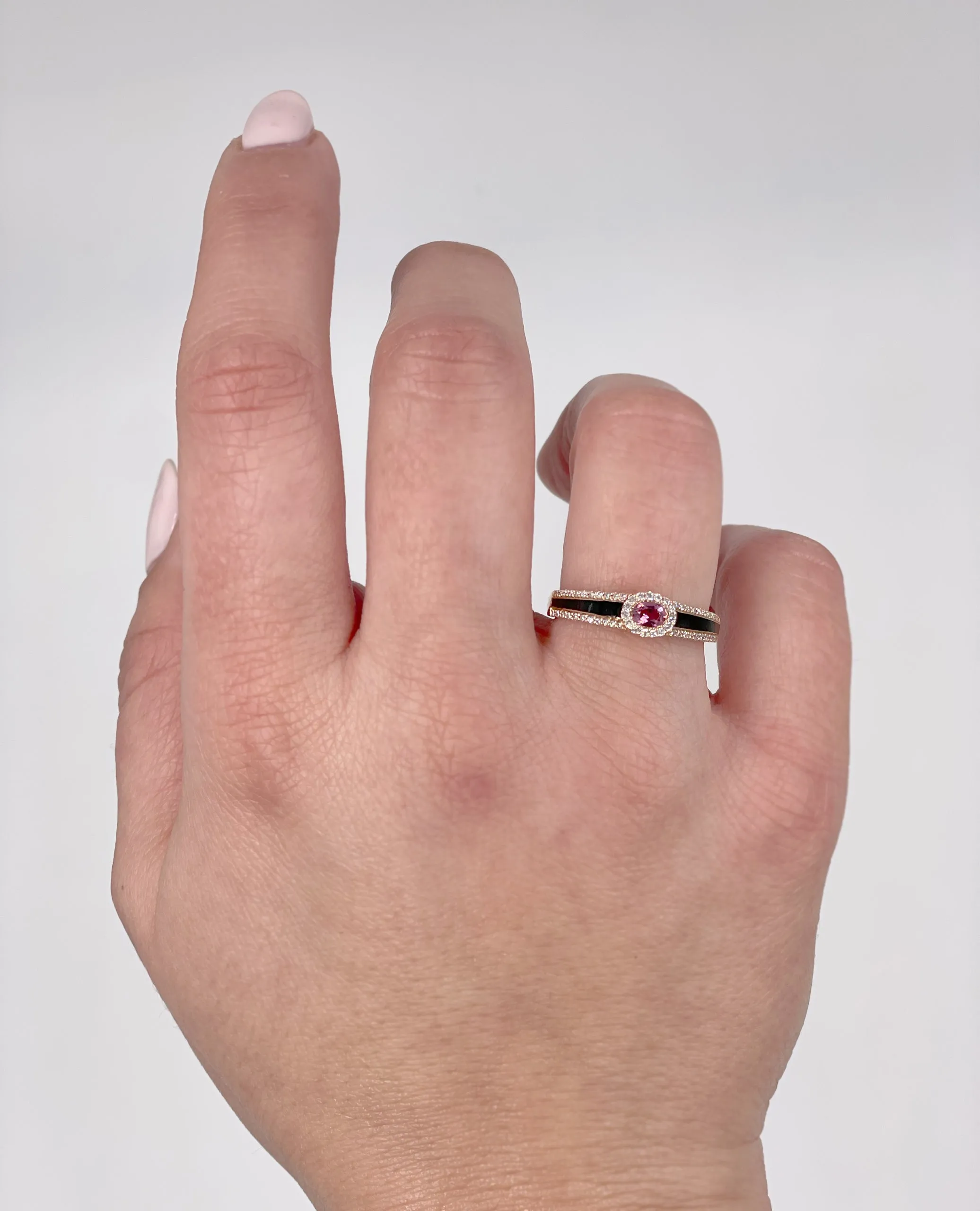 14K Rose Gold Ring with Pink Tourmaline and Black Enamel