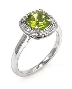 14K White Gold Peridot and Diamond Halo Ring