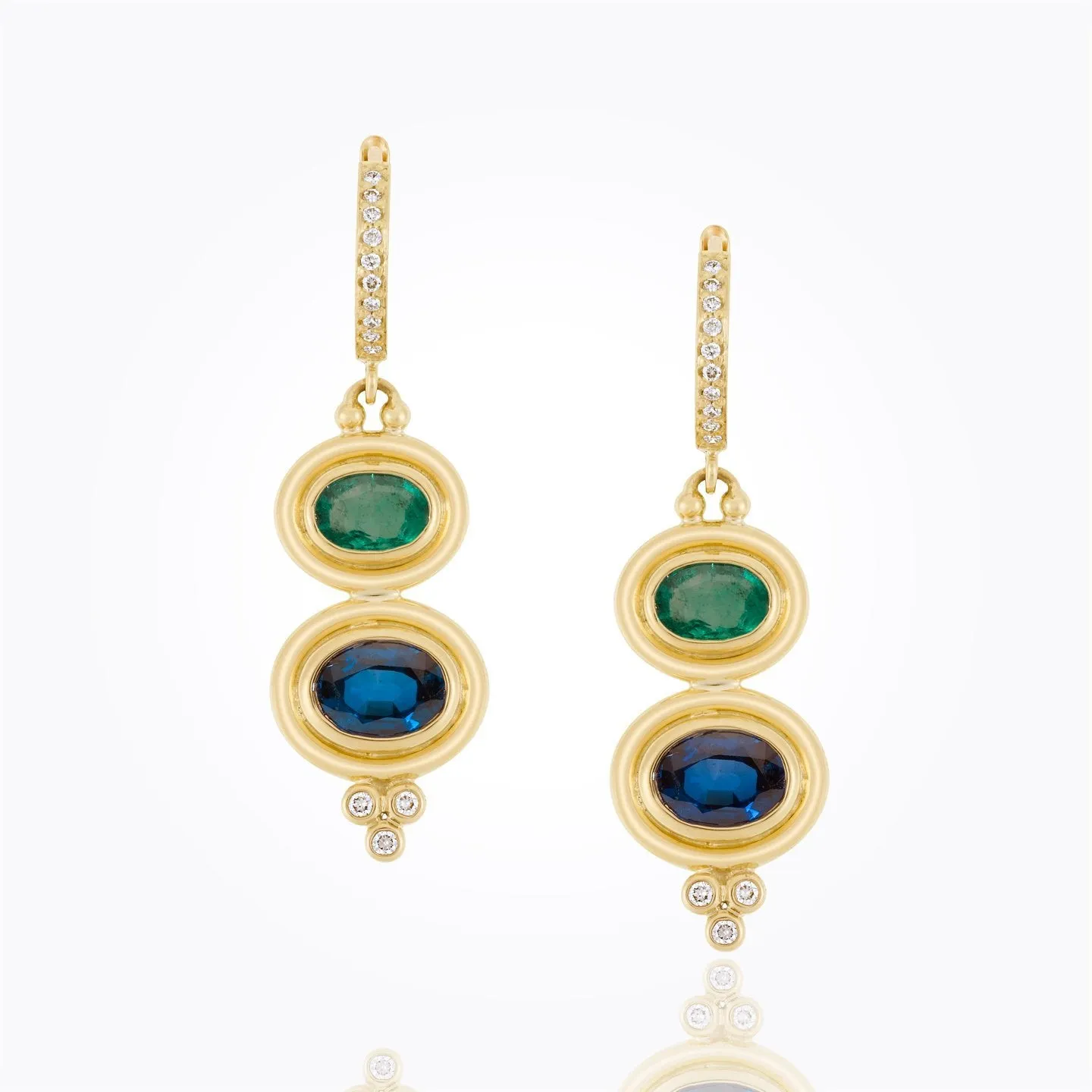 18K Double Drop Earrings with faceted oval emerald and diamond