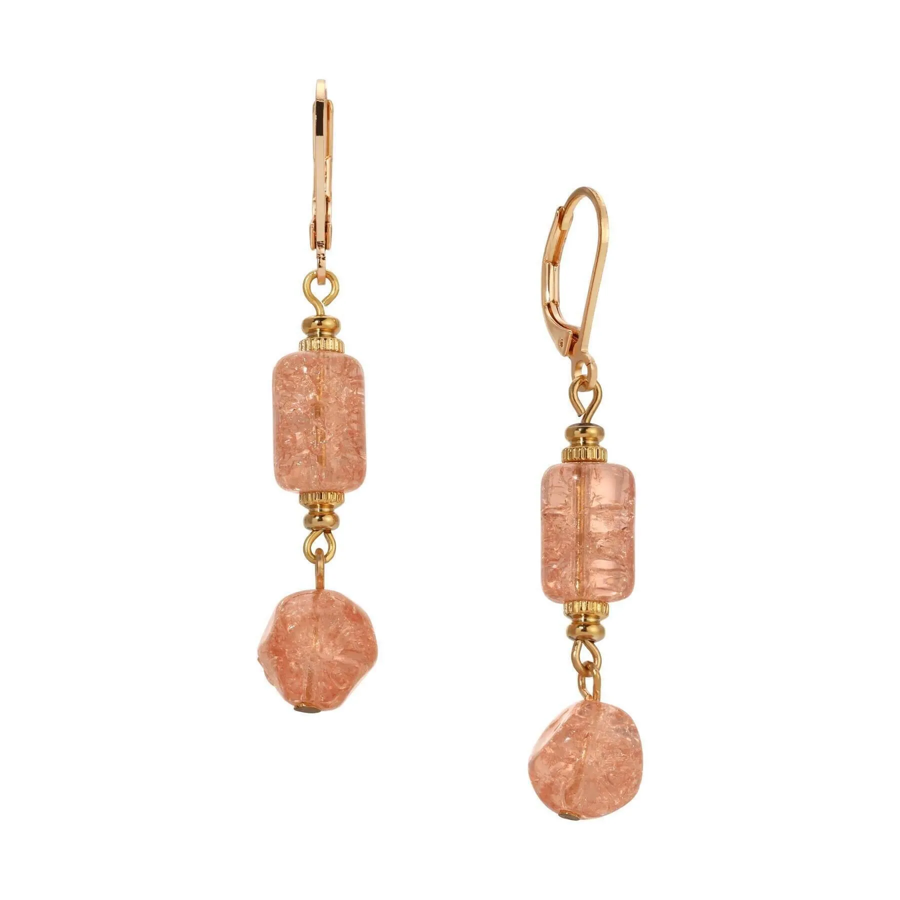 1928 Jewelry Beaded Peach Cracked Glass Dangling Earrings