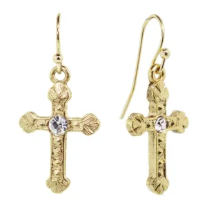 1928 Jewelry Crystal Accent Ornate Gold Tone Cross Drop Earrings