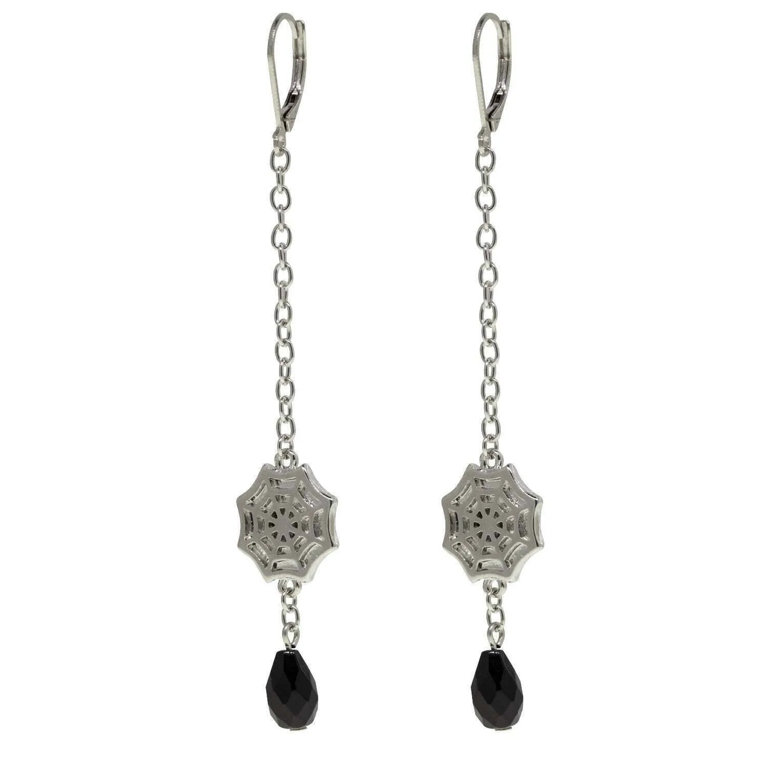 1928 Jewelry Drop Chain Spider Web With Black Bead Earrings