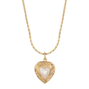 1928 Jewelry Faux Pearl Heart & Crystal Pendant Necklace 15"   3" Extender