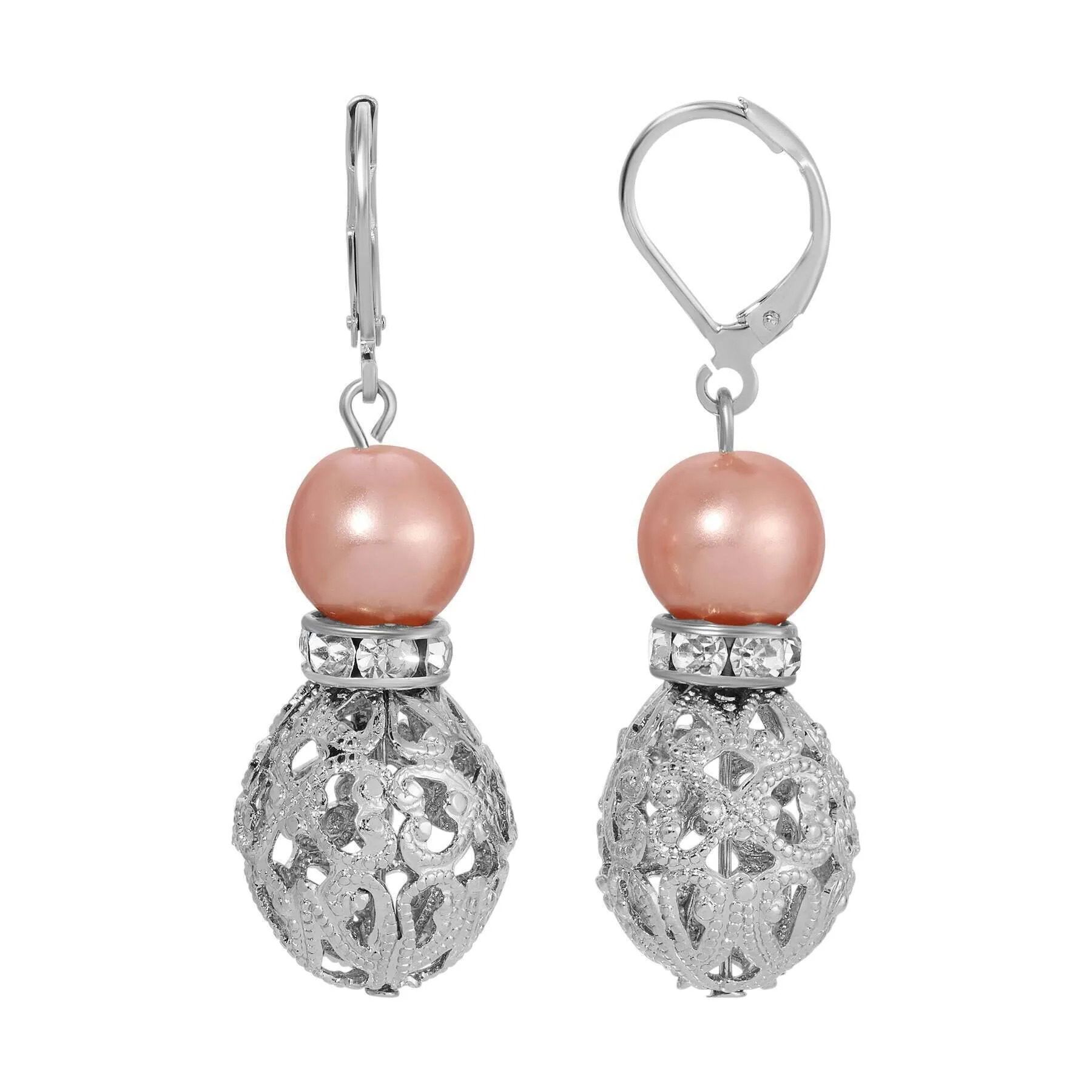 1928 Jewelry Rosabella Raspberry Faux Pearl Filigree Puff Bead Drop Earrings