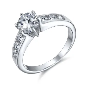 2CT AAA CZ Round Solitaire Engagement Ring with CZ Side Stones in Sterling Silver