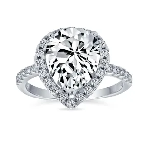 7CT Pear Shaped Halo Solitaire Engagement Ring, Sterling Silver CZ Pave Band