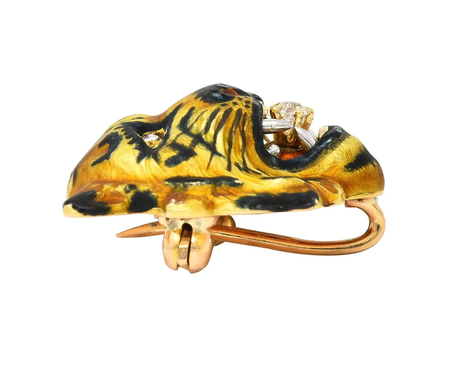 Alling & Co. Art Nouveau Diamond Enamel 14 Karat Yellow Gold Antique Tiger Brooch