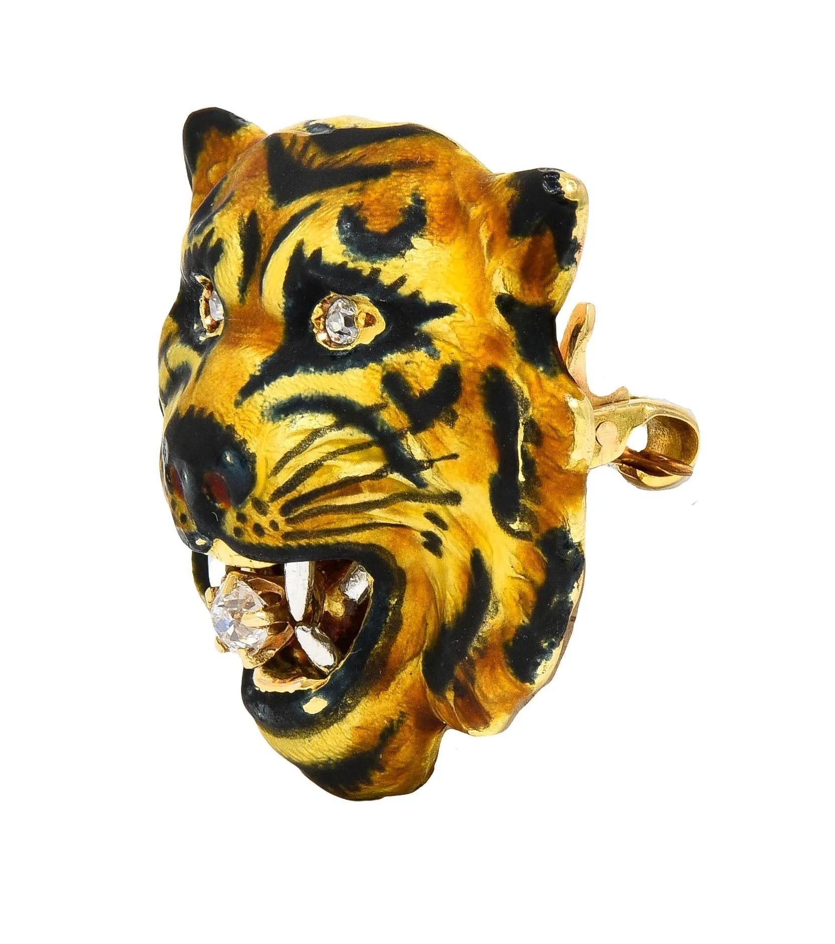 Alling & Co. Art Nouveau Diamond Enamel 14 Karat Yellow Gold Antique Tiger Brooch