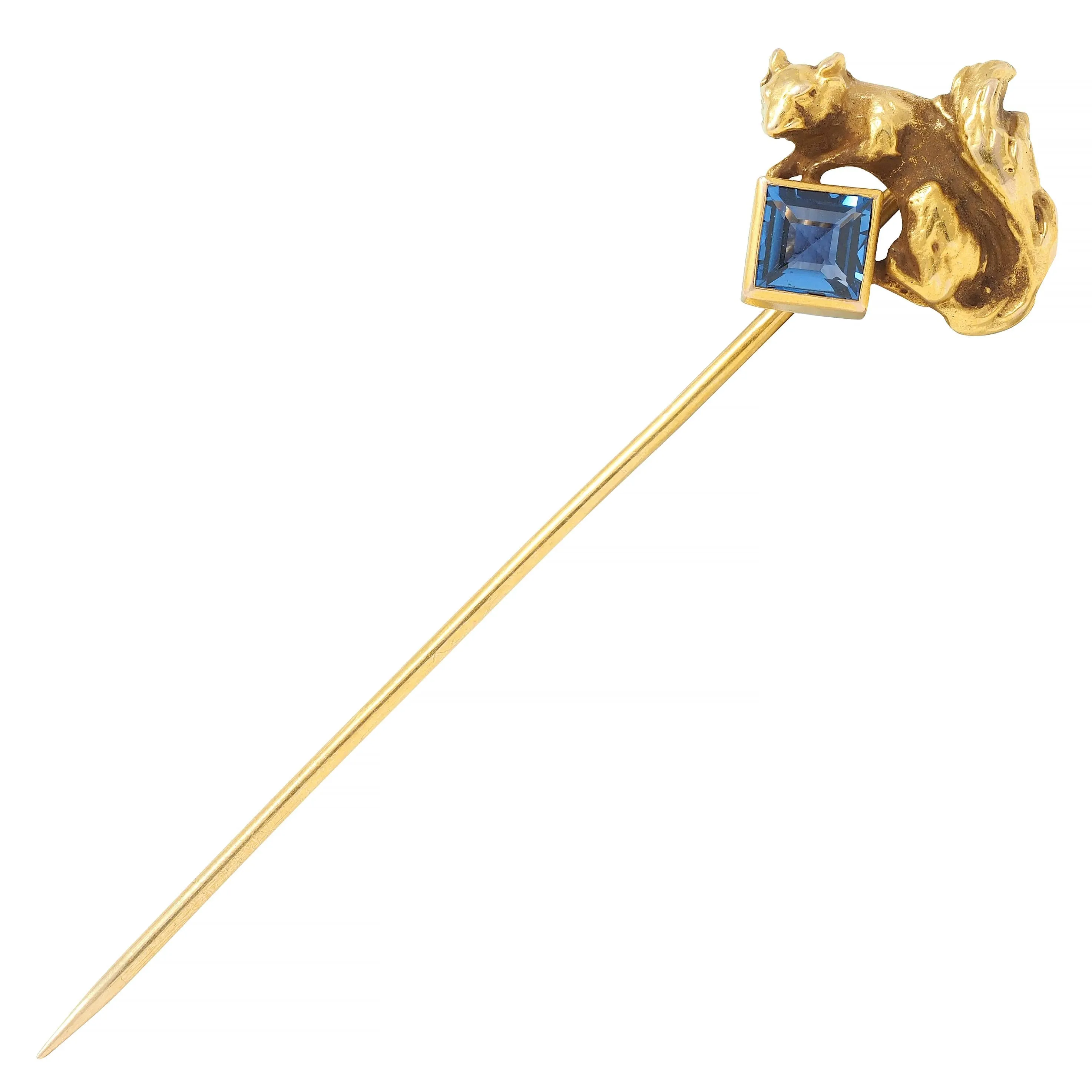 Antique Square Step Cut Sapphire 14 Karat Yellow Gold Squirrel Stickpin