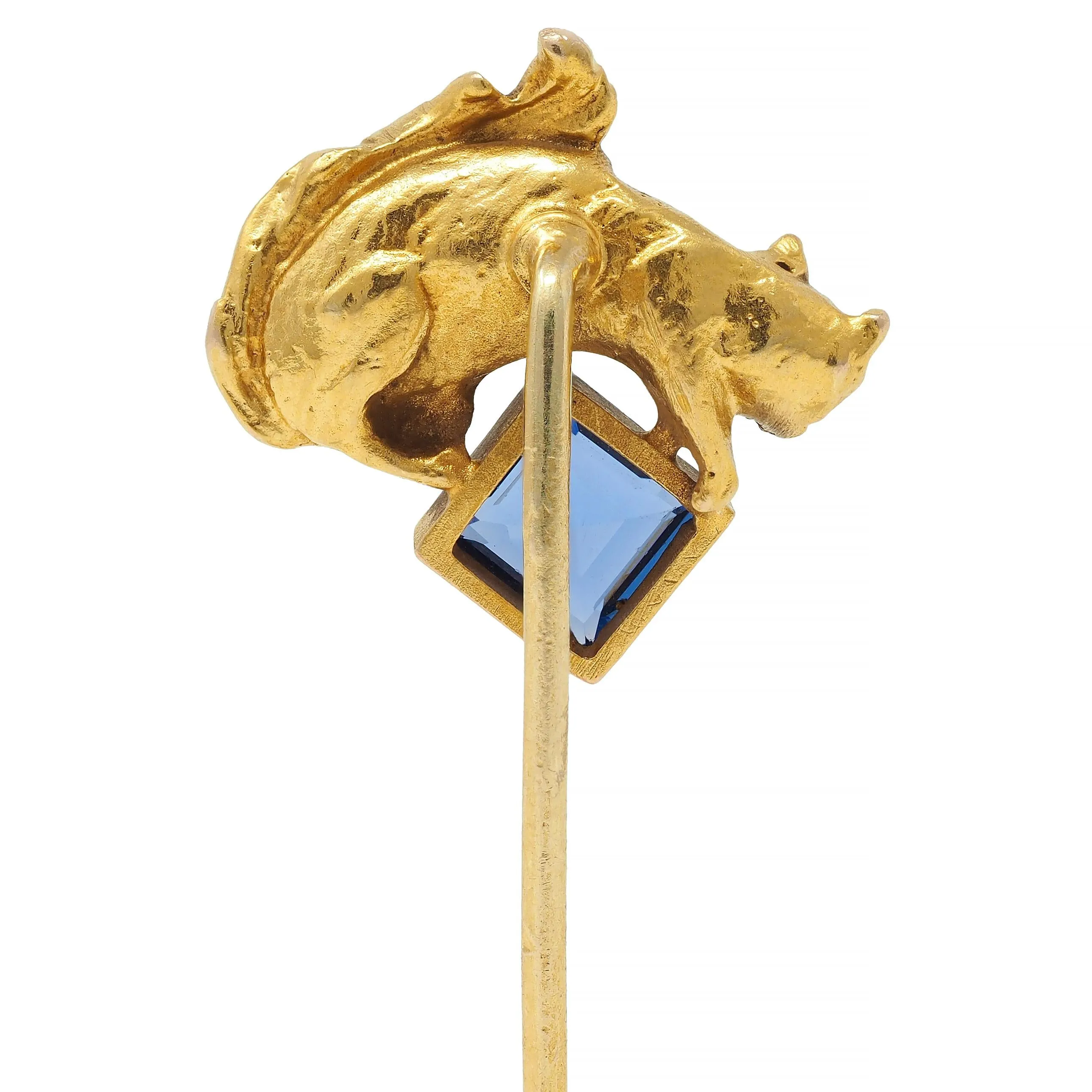 Antique Square Step Cut Sapphire 14 Karat Yellow Gold Squirrel Stickpin