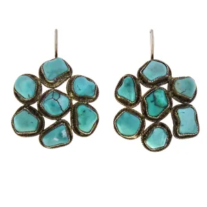 Art Deco Chinese Sterling   Turquoise Cluster Earrings