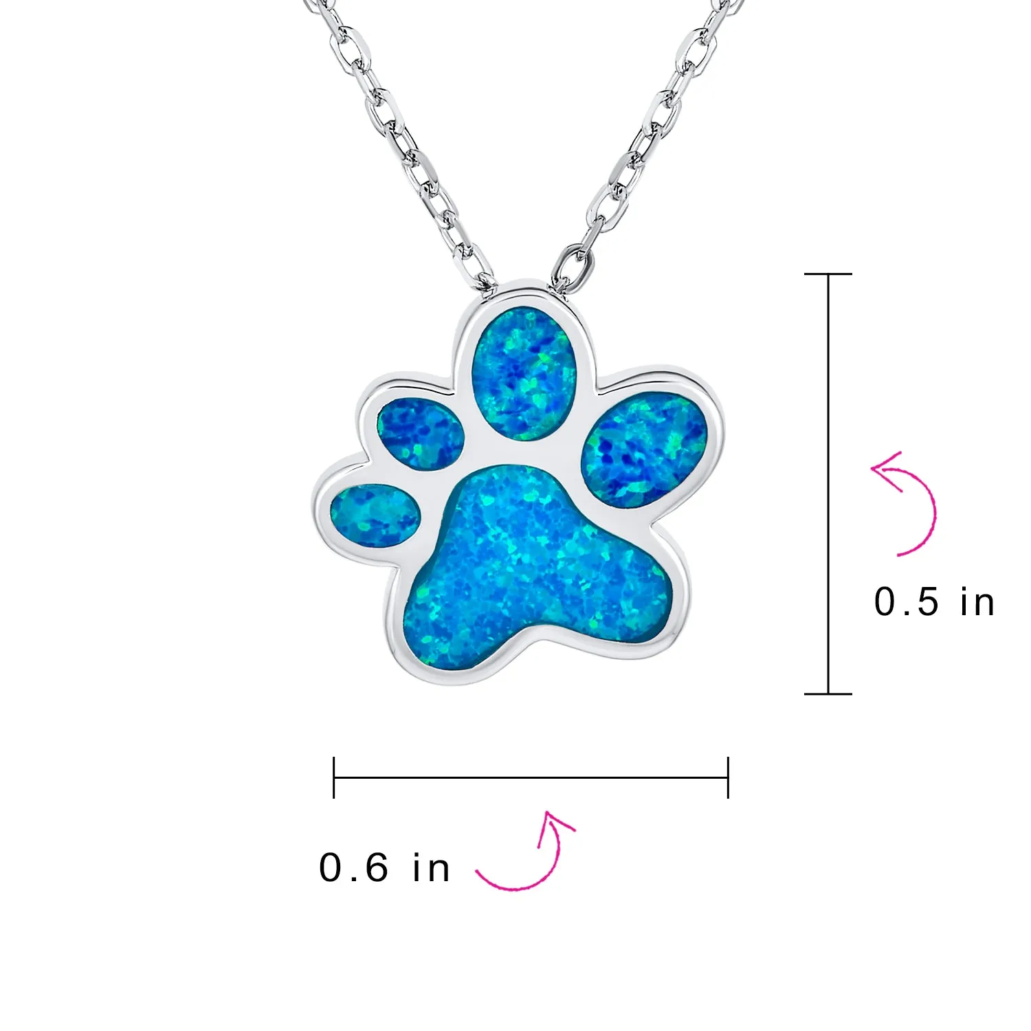 BFF Best Friend Pet Lover Blue Opal Paw Print Pendant Necklace Sterling Silver