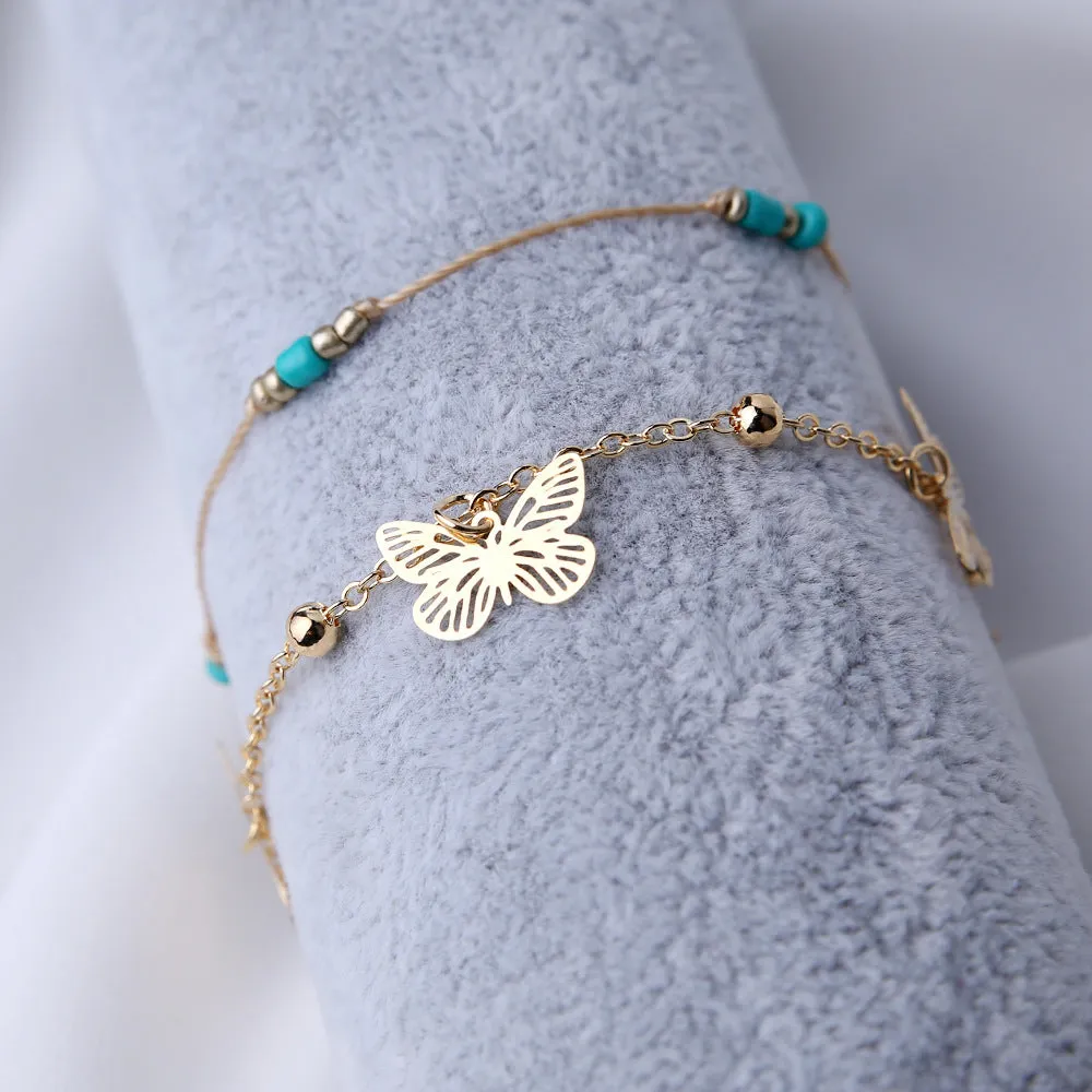 Butterfly Beaded Anklet Simple And Fashionable Rice Bead Double-layer Foot Ornament