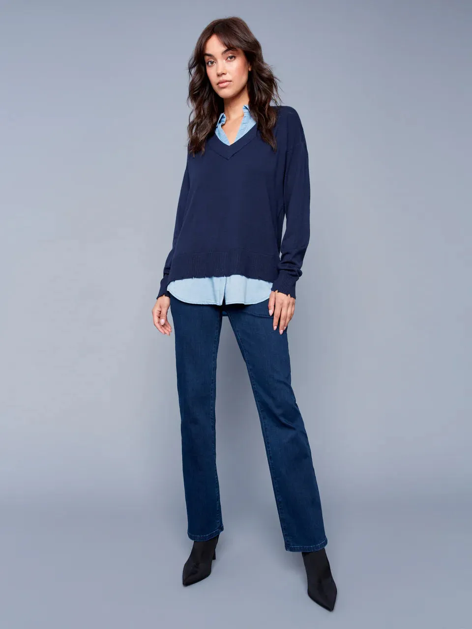 Charlie B V-neck Sweater With A Shirt Collar - C2568T-464A