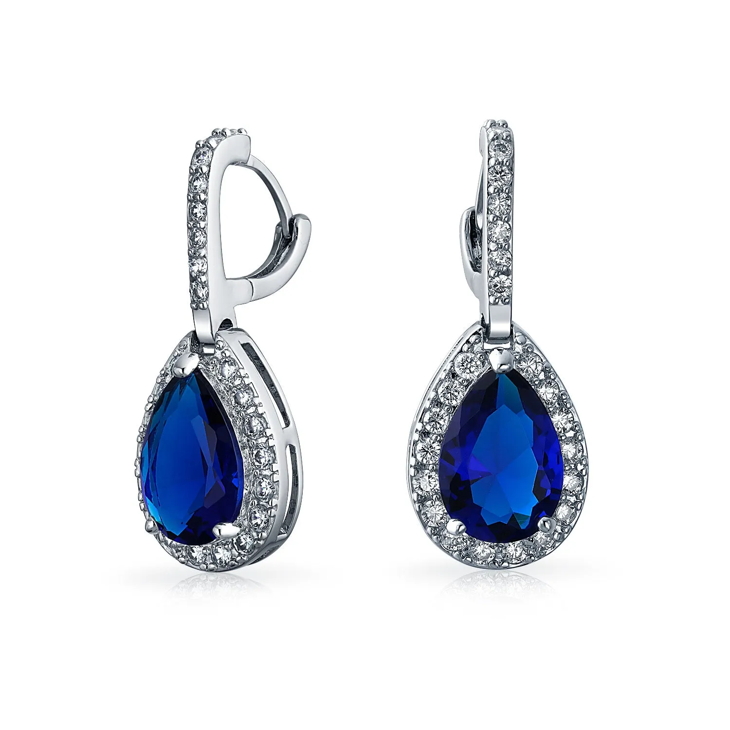 Classic Bridal Pear Shape Teardrop Halo CZ Blue Sapphire Jewelry Set Silver