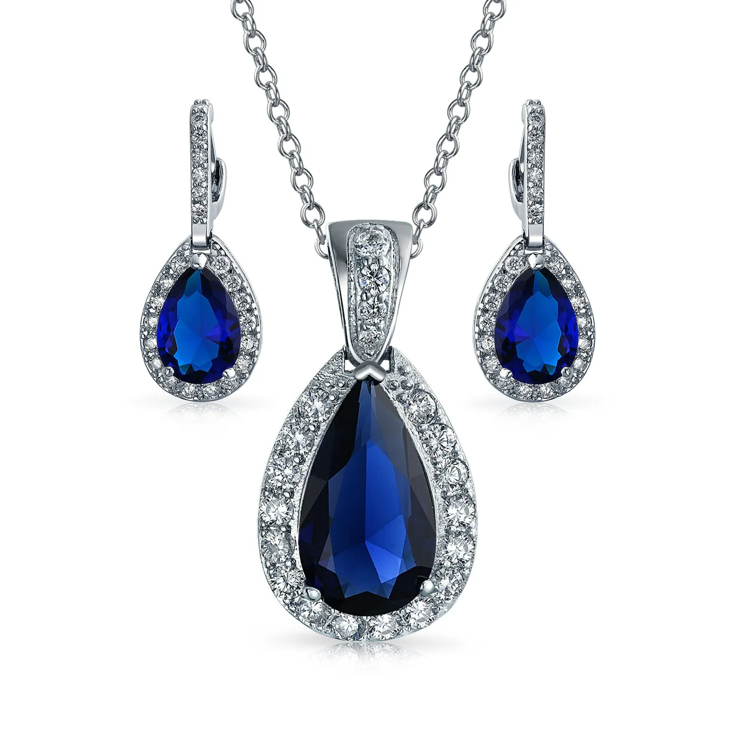 Classic Bridal Pear Shape Teardrop Halo CZ Blue Sapphire Jewelry Set Silver