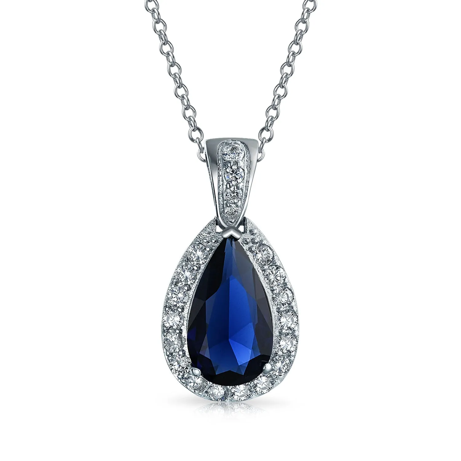 Classic Bridal Pear Shape Teardrop Halo CZ Blue Sapphire Jewelry Set Silver