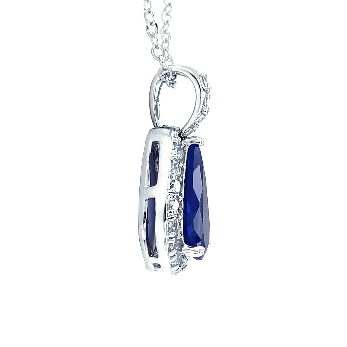 Classic Bridal Pear Shape Teardrop Halo CZ Blue Sapphire Jewelry Set Silver