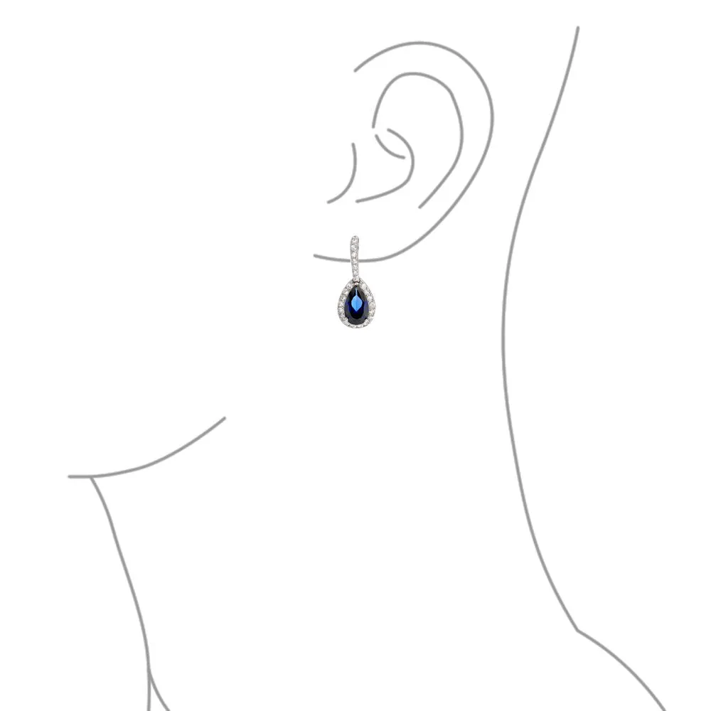 Classic Bridal Pear Shape Teardrop Halo CZ Blue Sapphire Jewelry Set Silver