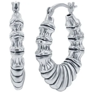 Classic Women's Earrings - Silver Oxidized Textured Oval Hoop Hinged Closure | A-2681