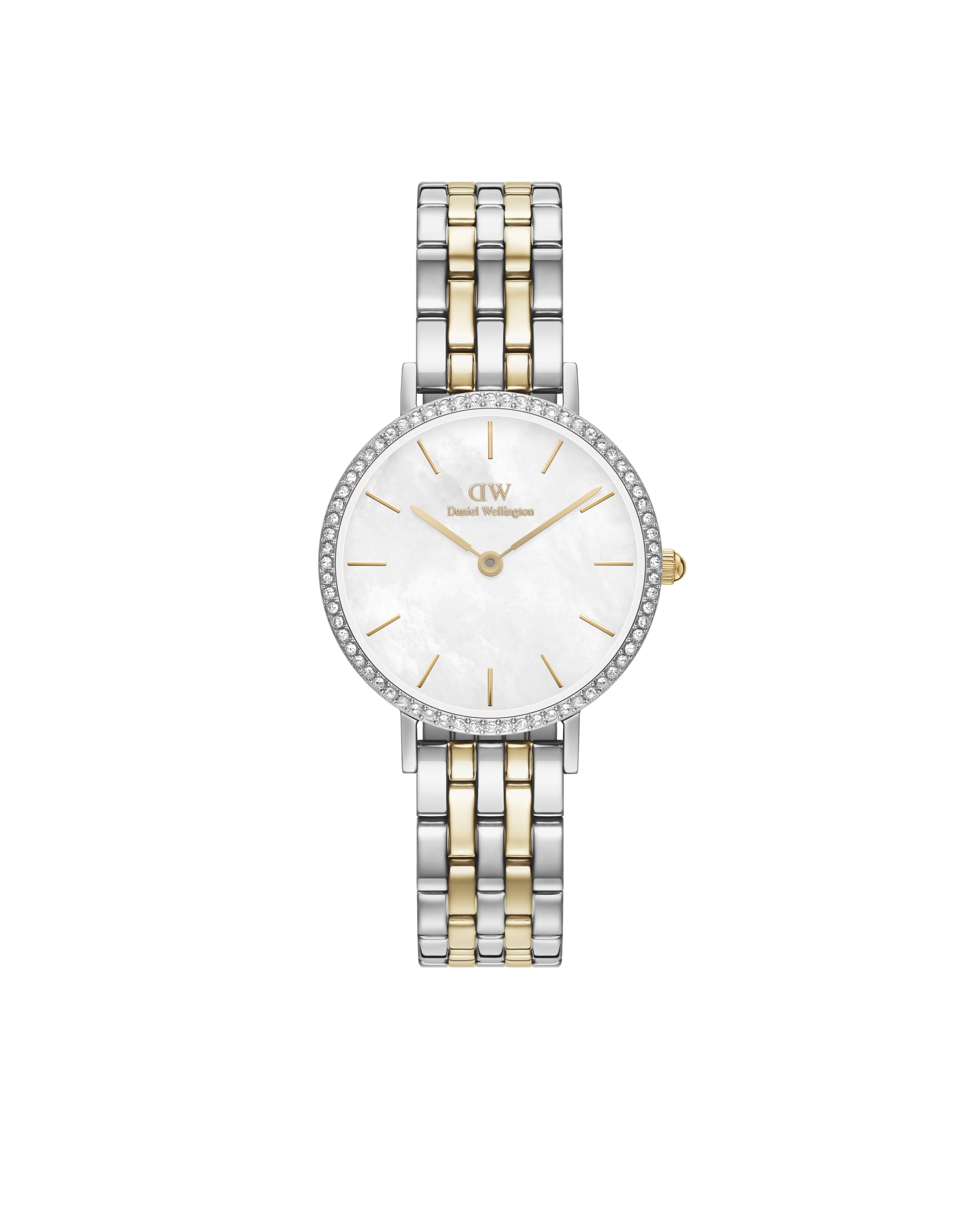 Daniel Wellington Petite 28 Bezel 5-Link White Mother of Pearl Two-Tone Gold & Silver Watch