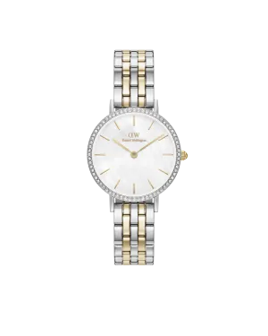 Daniel Wellington Petite 28 Bezel 5-Link White Mother of Pearl Two-Tone Gold & Silver Watch