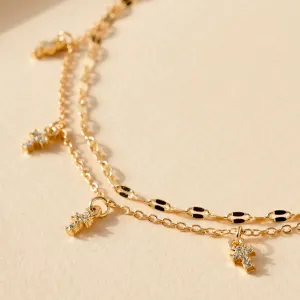 Double Layered Cross Charm Anklet - Gold