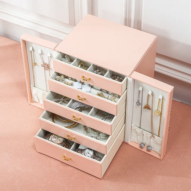 Elegant Pink Jewelry Cabinet with Gold Accent - Luxury Standing Organizer for Accessories