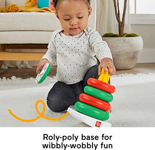 Fisher-Price Baby Stacking Toy Holiday Rock-A-Stack With 5 Rings And Bat-At Rocker Base For Ages 6  Months, Red & Green