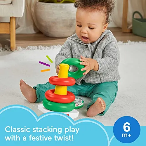 Fisher-Price Baby Stacking Toy Holiday Rock-A-Stack With 5 Rings And Bat-At Rocker Base For Ages 6  Months, Red & Green