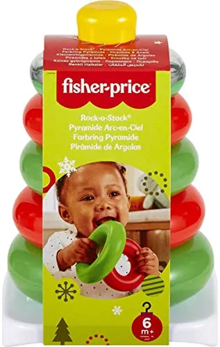 Fisher-Price Baby Stacking Toy Holiday Rock-A-Stack With 5 Rings And Bat-At Rocker Base For Ages 6  Months, Red & Green