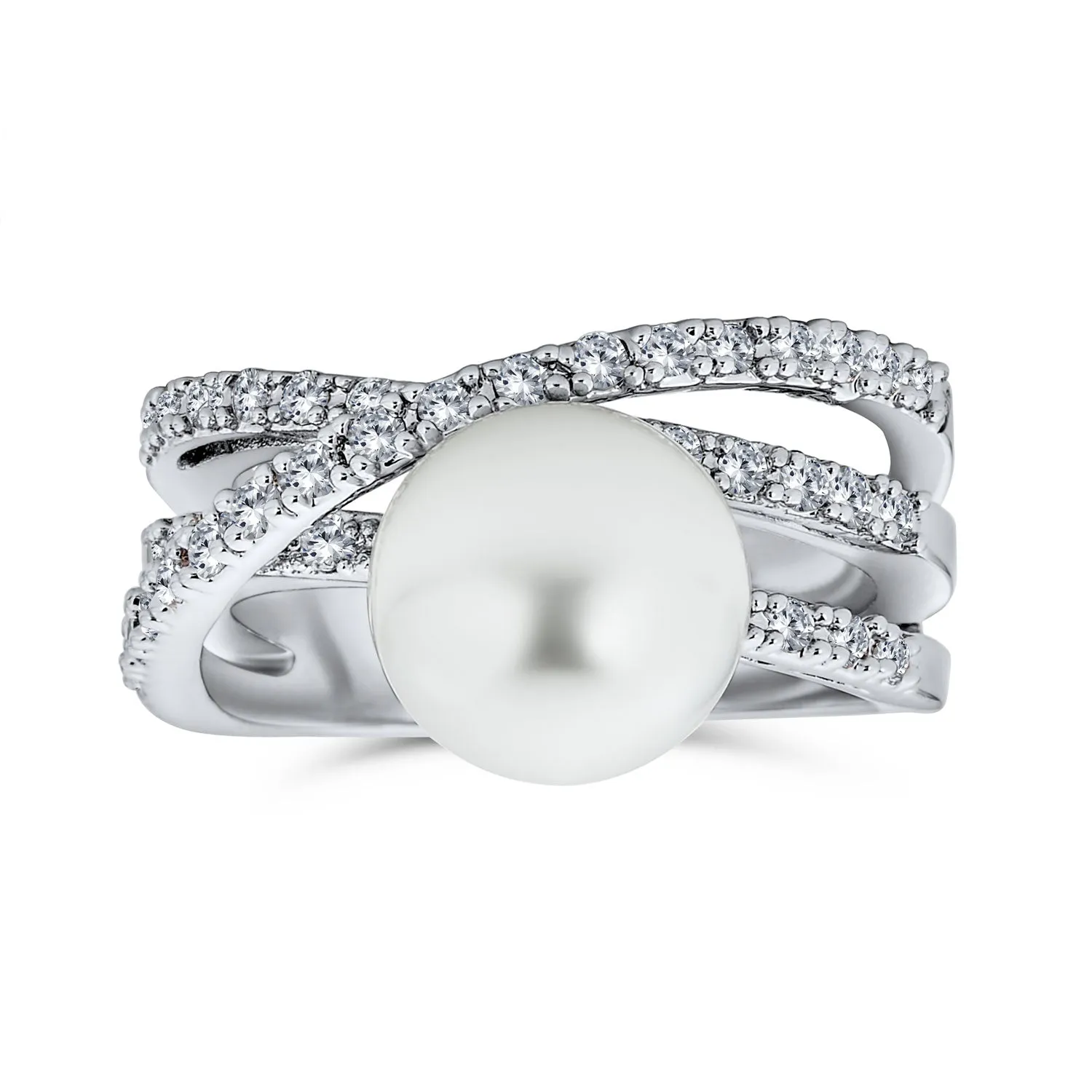 Geometric Criss Cross CZ Cocktail Statement Ring with Simulated Pearl Silver Plated