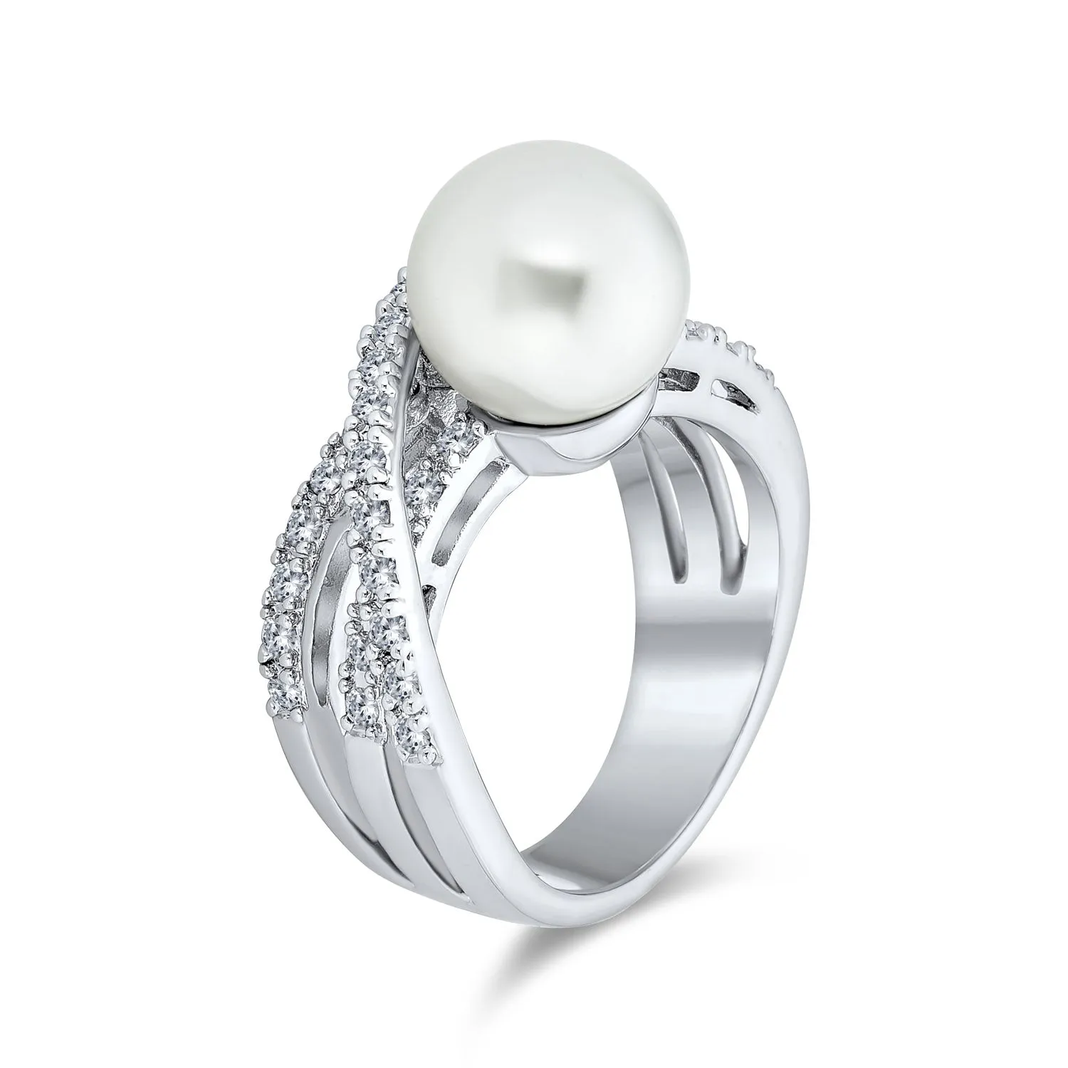 Geometric Criss Cross CZ Cocktail Statement Ring with Simulated Pearl Silver Plated