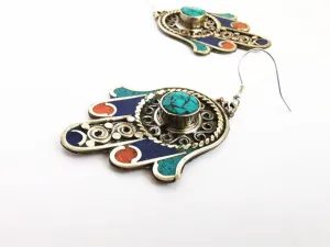 Hamsa Hand Carved Earring Copper Stone Ear Rings