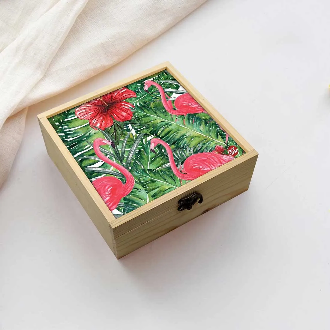 Jewellery Box Makepup Organizer -  Hibiscus Flower With Flamingoes