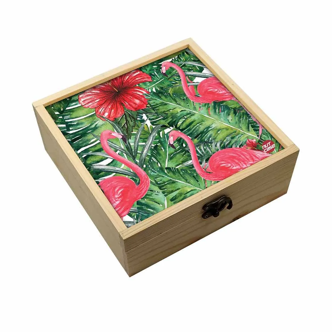 Jewellery Box Makepup Organizer -  Hibiscus Flower With Flamingoes