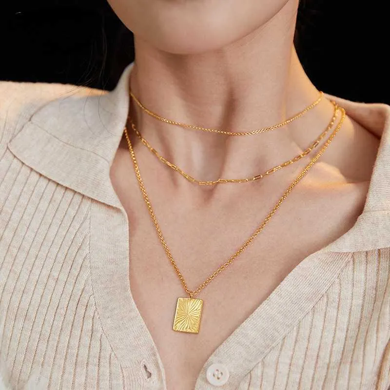 Matinee Length Necklace with Square Pendant-Gold Plating