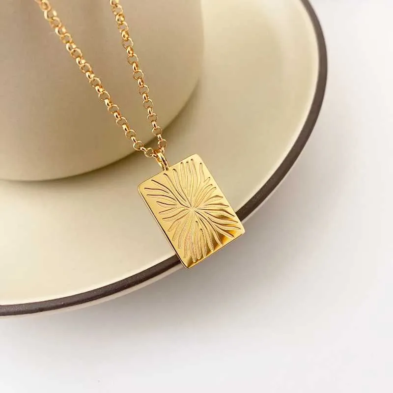 Matinee Length Necklace with Square Pendant-Gold Plating