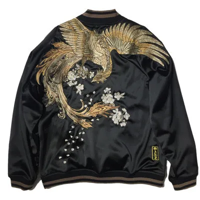 Men's Black Satin Bomber Jacket - Floral and Gold Embroidery